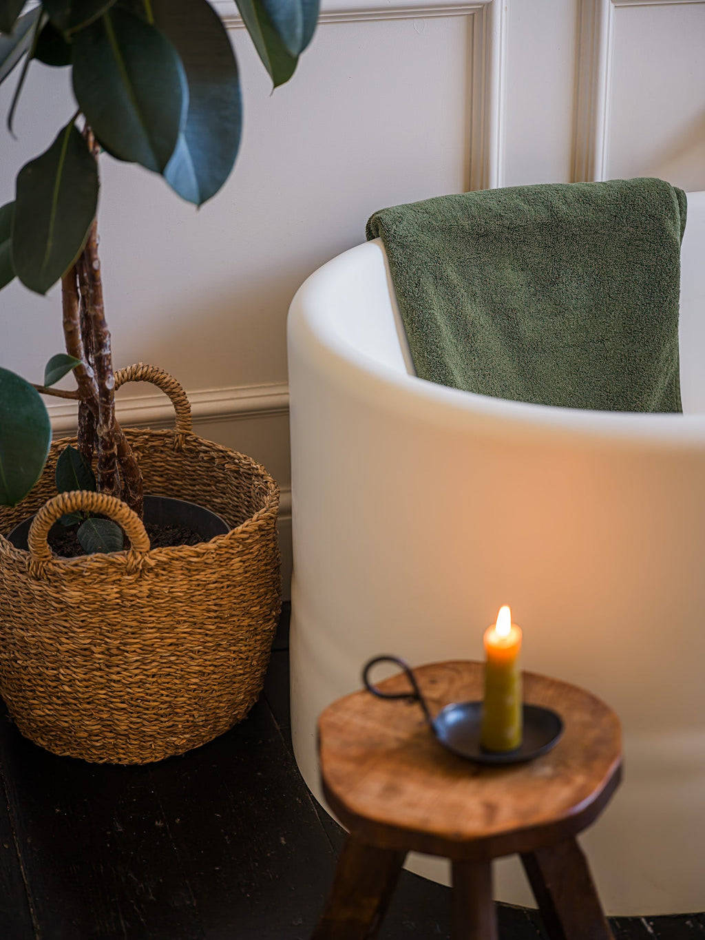 June Wide Beeswax Taper Candles - Short - Green Tea