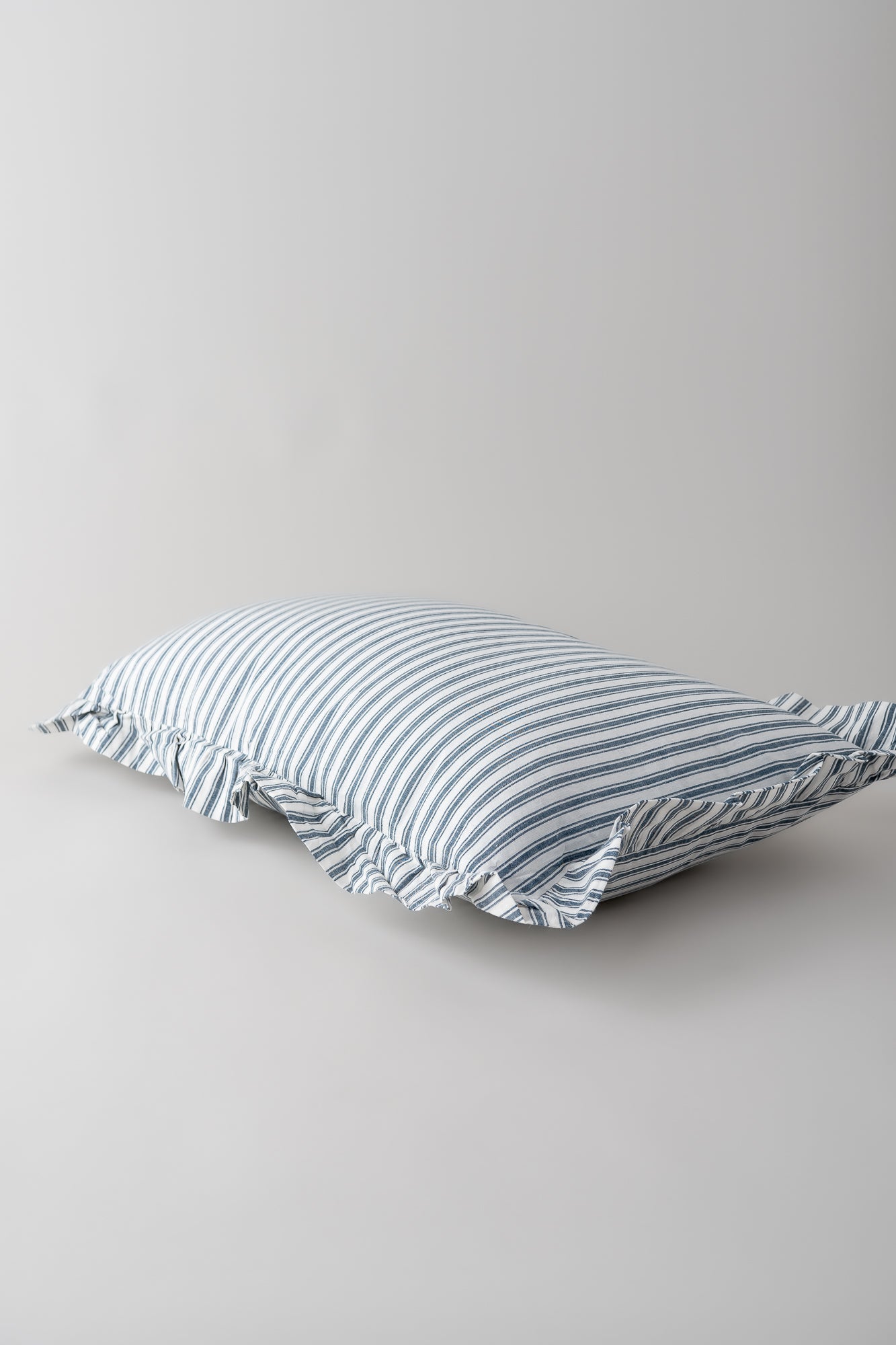 June Cotton Frill Throw Cushion - Blue Ticking Stripe