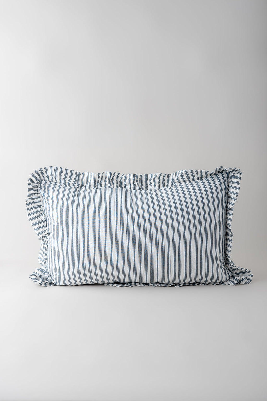 June Cotton Frill Throw Cushion - Blue Ticking Stripe