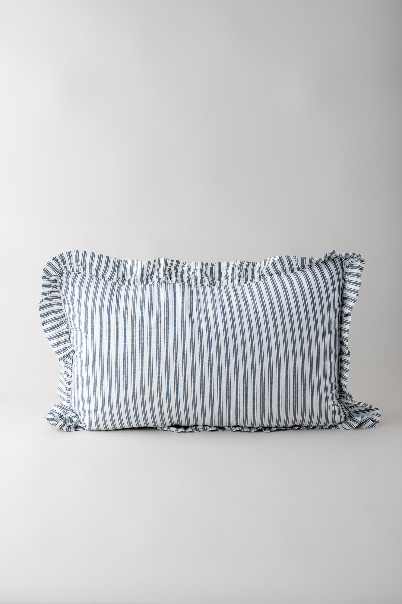 June Cotton Frill Throw Cushion - Blue Ticking Stripe