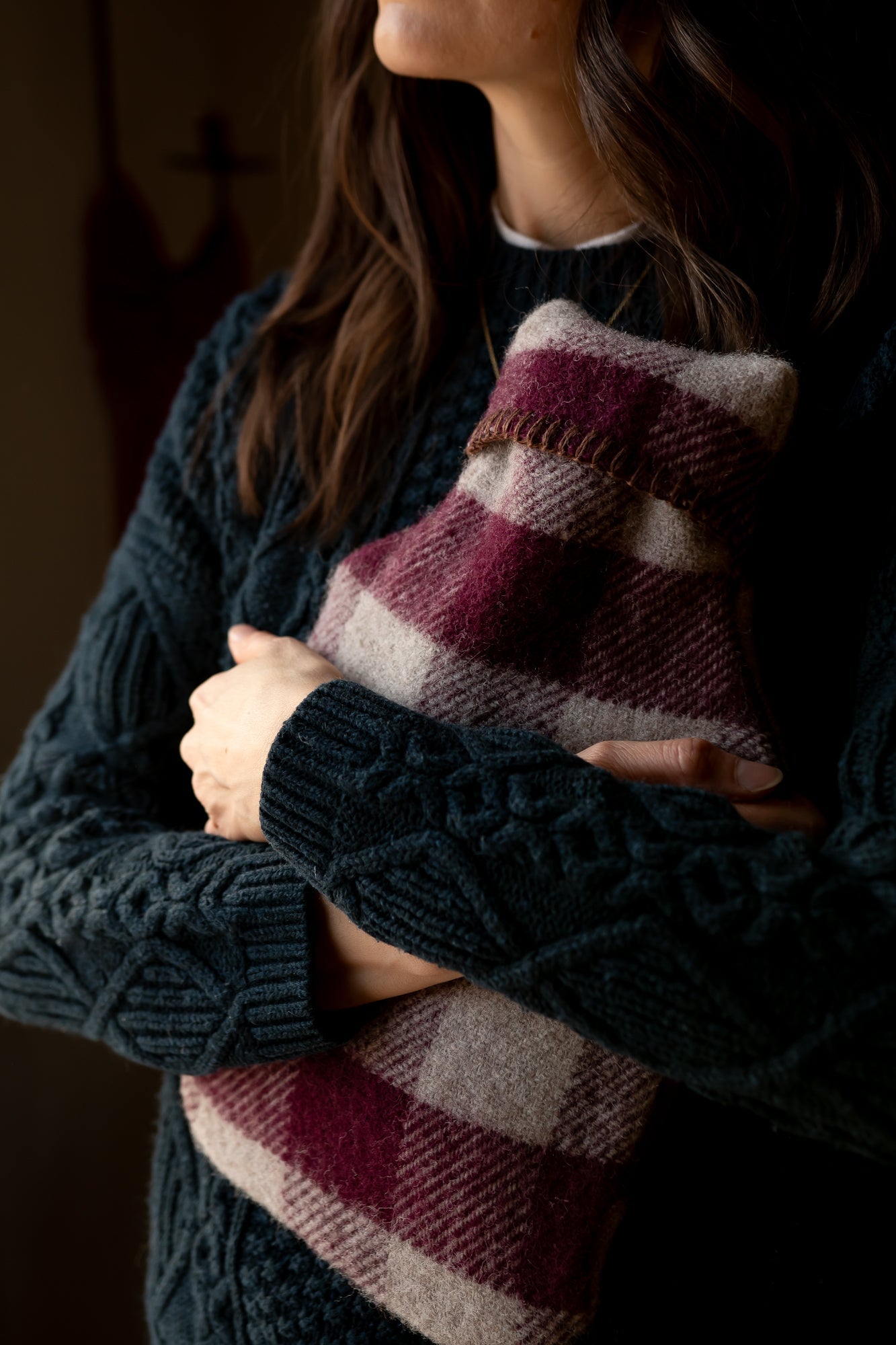 Wool Hot Water Bottle - Burgundy Check