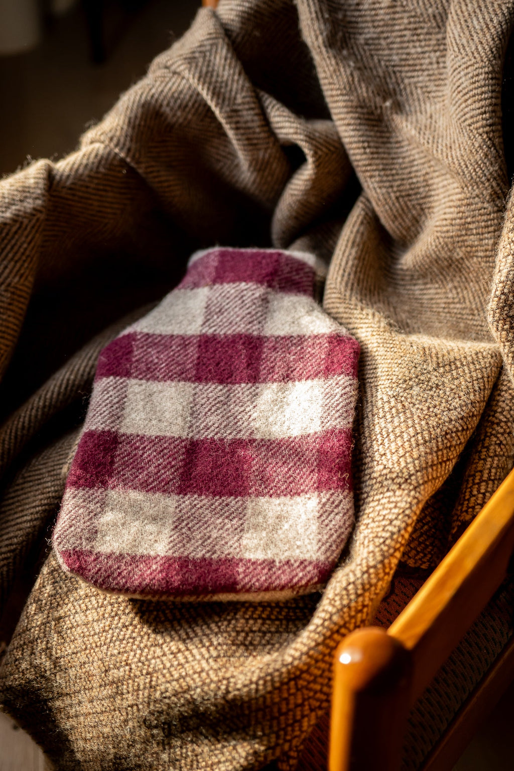 June Wool Hot Water Bottle - Burgundy Check