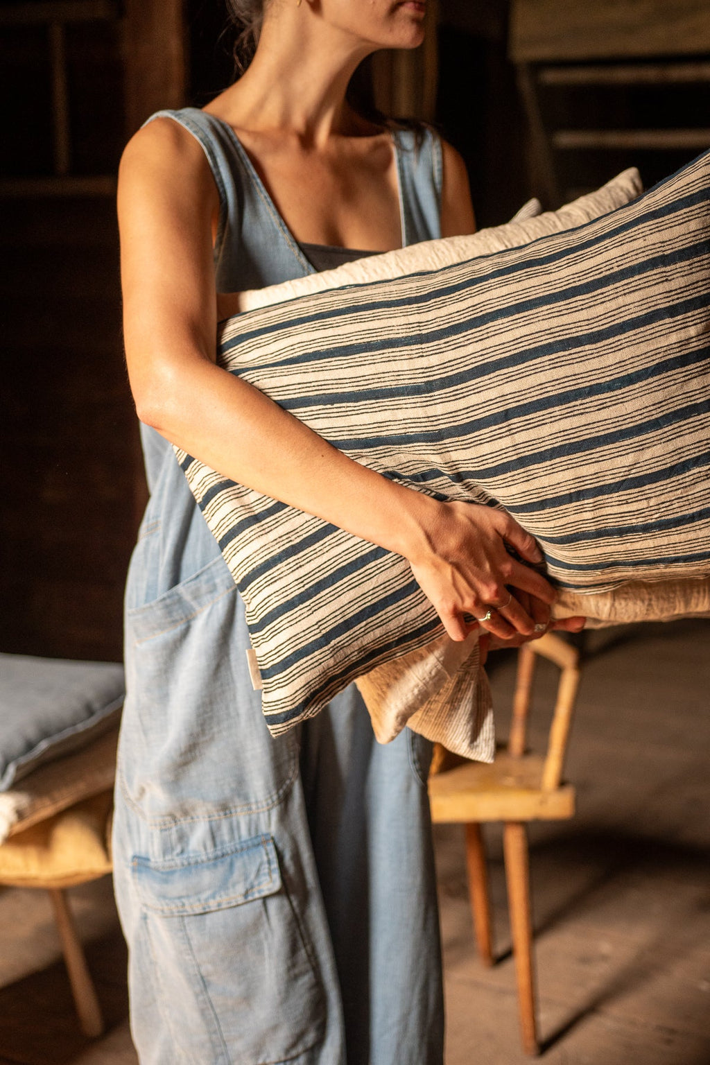 Linen Cushion Cover - Navy Block Print