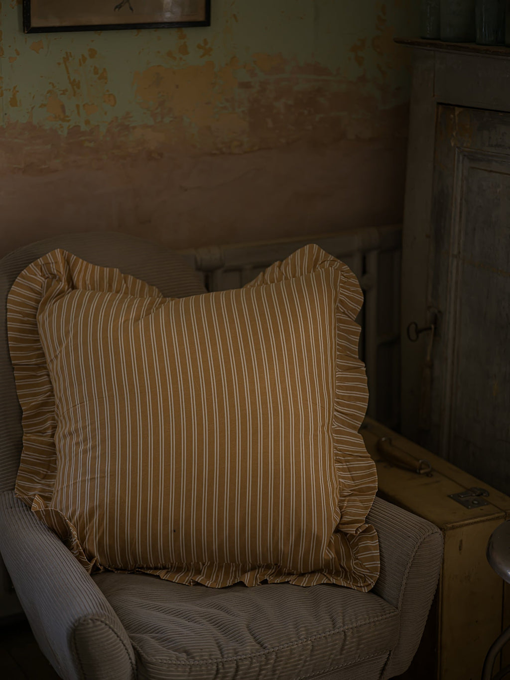 June Cotton Frill Cushion Cover - Tawny Stripe
