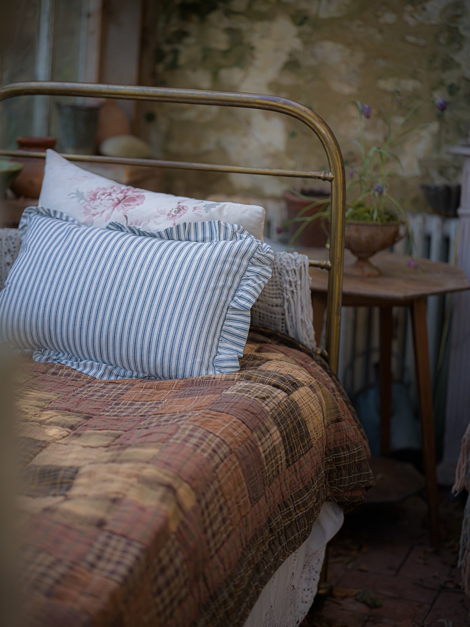 June Cotton Frill Throw Cushion - Blue Ticking Stripe
